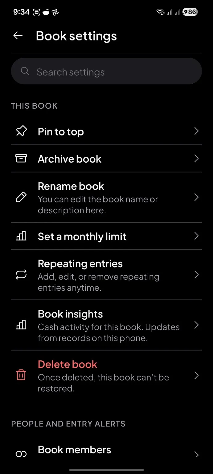 Book settings showing pin, archive, rename, monthly limit, repeating entries and member options.