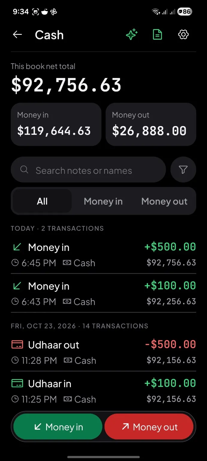 CashKitab cashbook app preview showing money in, money out and cash and udhar transactions.