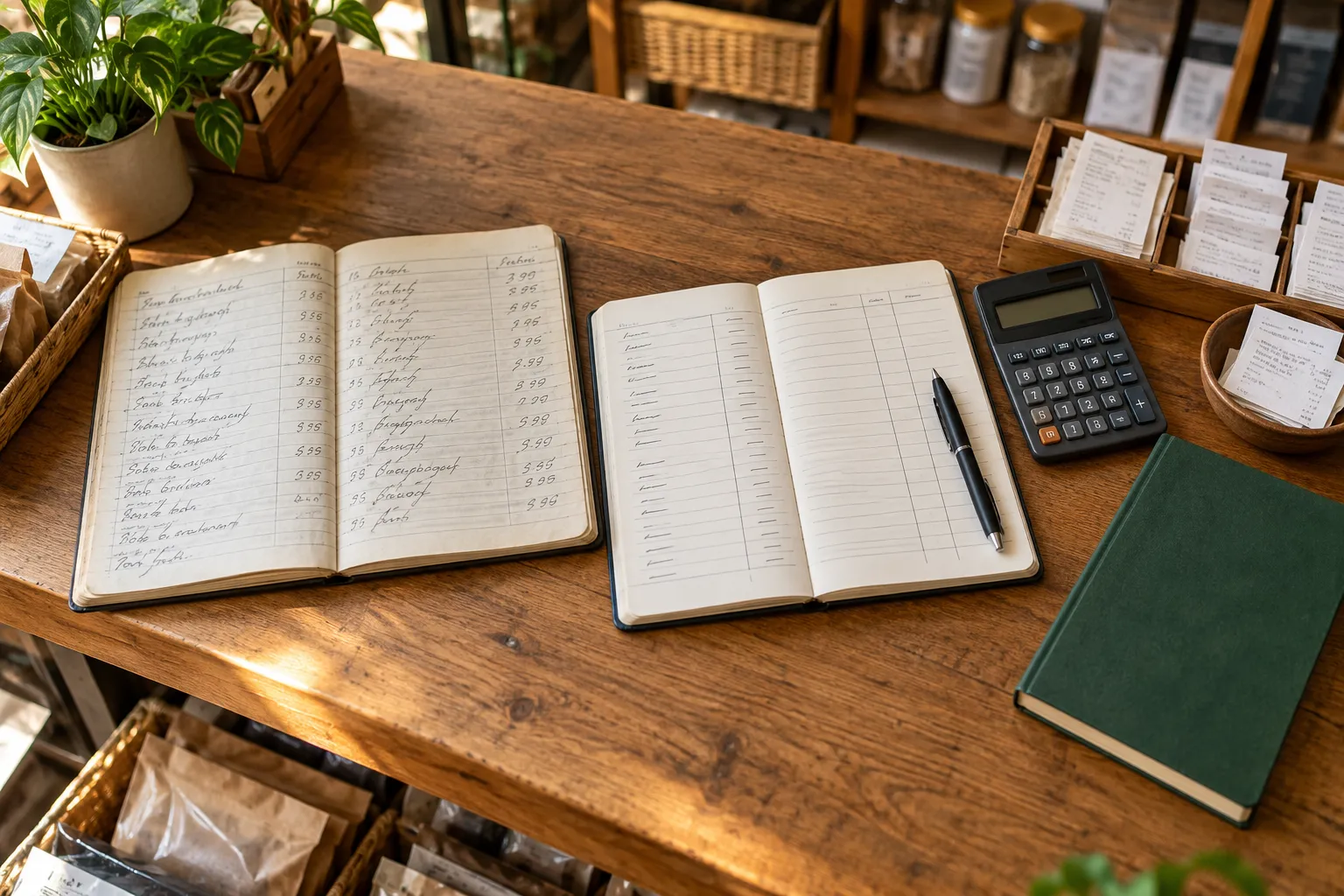 Two business notebooks, receipts and a calculator arranged for a cashbook comparison.